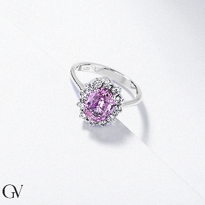 Halo Ring Weißgold mit Diamanten und rosa Saphir