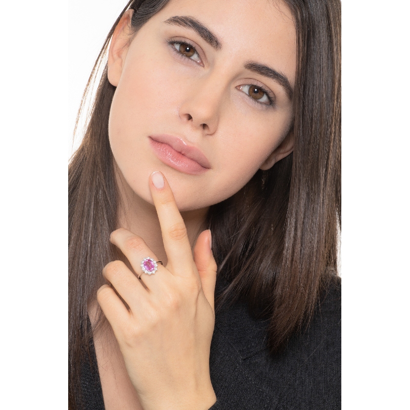 Halo Ring Weißgold mit Diamanten und rosa Saphir