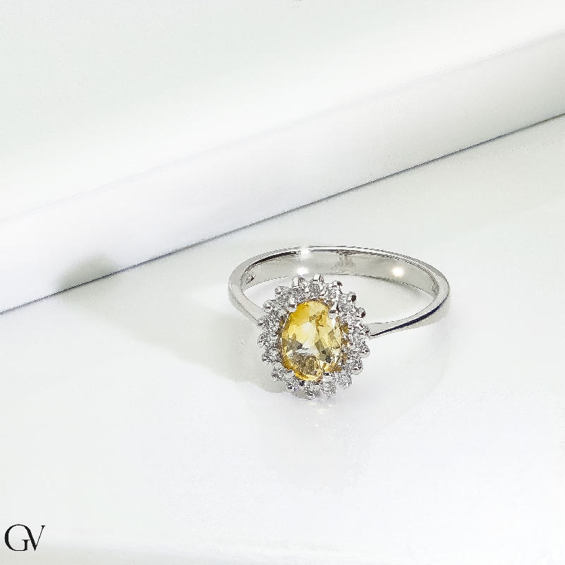 Halo Citrin Ring 750er Weißgold mit Diamanten