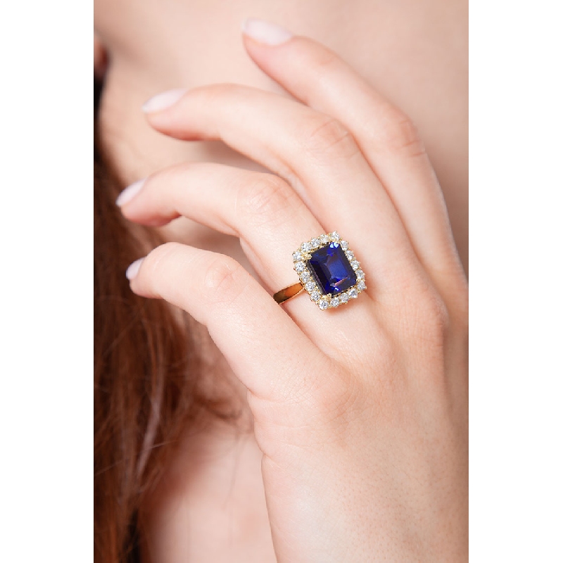 Gelbgold 750 Ring mit Saphir blau und Diamanten