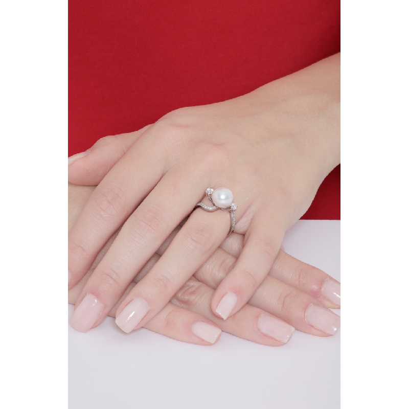 750er Weißgold Damenring mit Diamanten und Perle