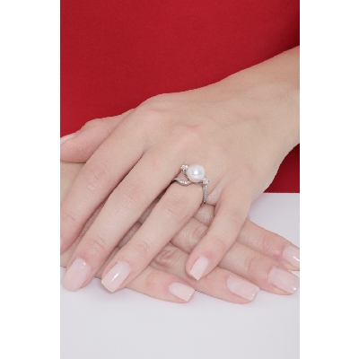 750er Weißgold Damenring mit Diamanten und Perle