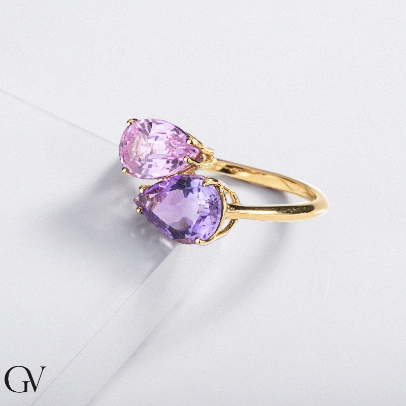 18k Gelbgold Ring mit Amethyst und rosa Saphir 