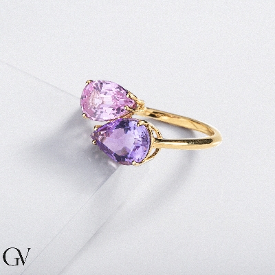 18k Gelbgold Ring mit Amethyst und rosa Saphir 