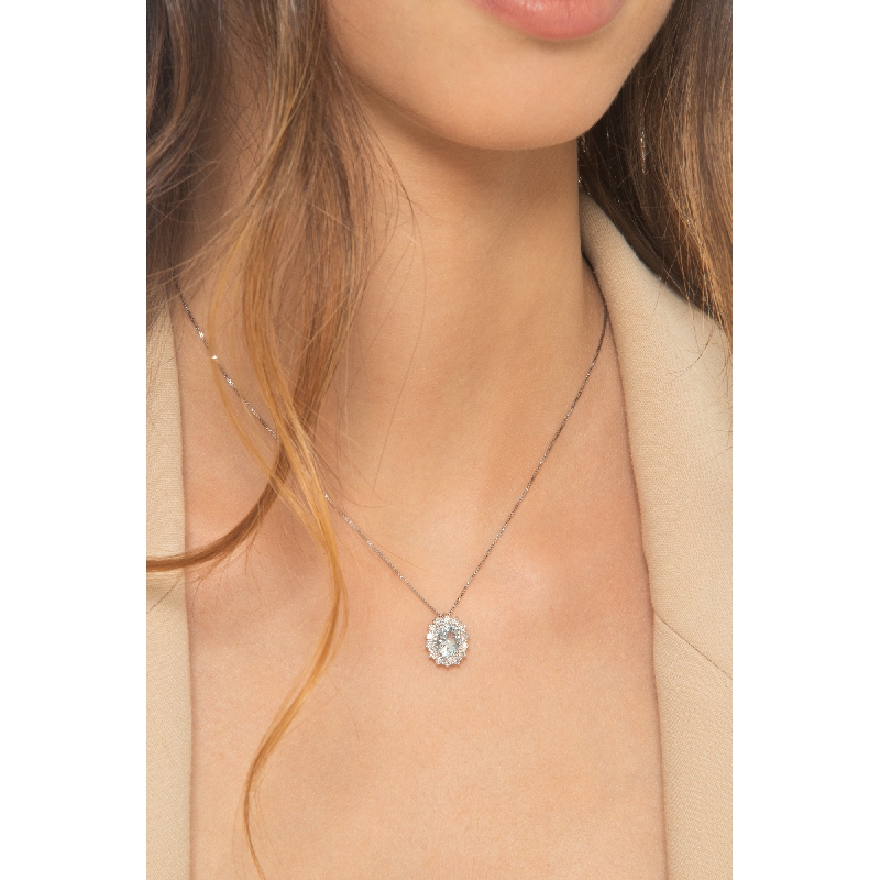 750er Weißgold Halo Kette mit Aquamarin und Diamanten