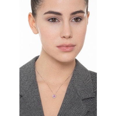 Weißgold Kette mit Herzanhänger aus Saphir rosa und Diamanten