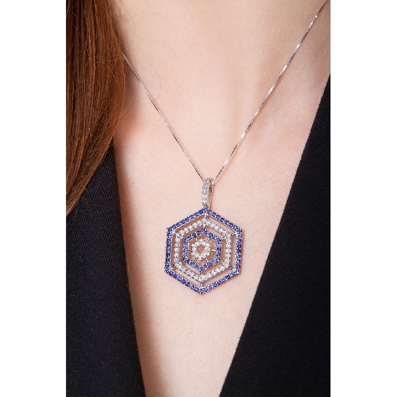 Weißgold Kette mit blauen Saphiren und Brillanten 