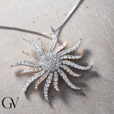 Halskette Weißgold Roségold 750 mit Sonne aus Diamanten