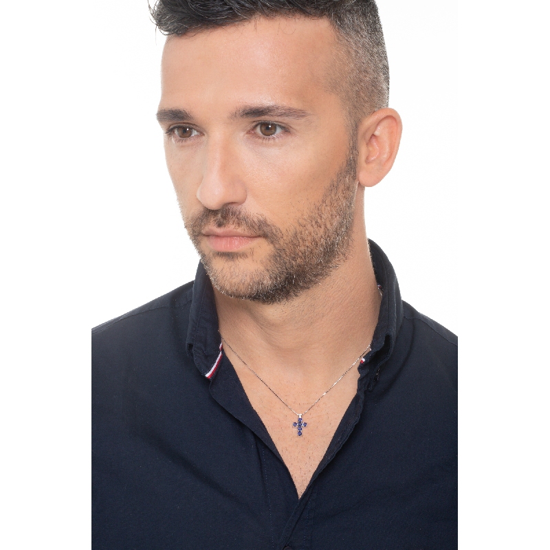 Weißgold Halskette mit Kreuzanhänger aus blauen Saphiren,50 cm