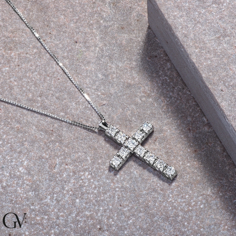 Kreuzkette Herren Weissgold mit Diamantanhänger, 50 cm