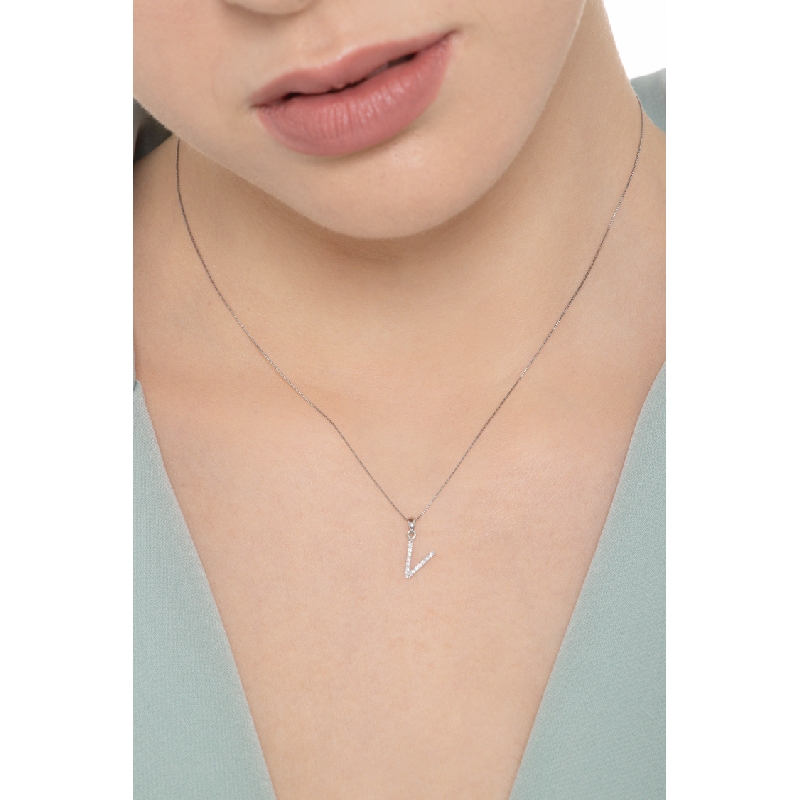 Halskette mit Buchstabe V aus Weißgold 18K mit Diamanten