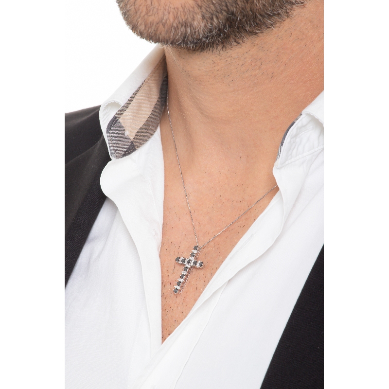 Kreuzkette aus 18k Weißgold mit schwarzen und weißen Diamanten Herrenkette 50 cm