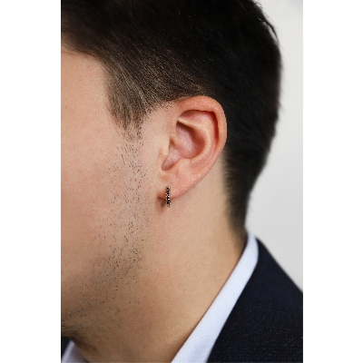 Einzelne Creolen Herren Weißgold mit schwarzen Diamanten