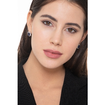 Halo Ohrstecker Saphir blau und Diamanten