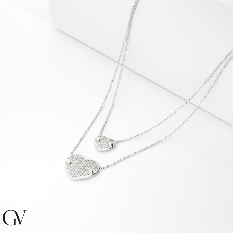 Halskette Doppelkette Weißgold mit Herzen aus Brillanten 