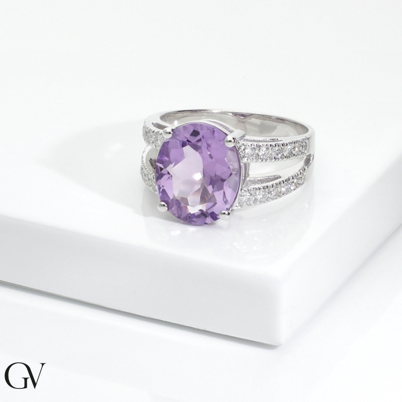 Weißgold Bandring mit Amethyst und Diamanten