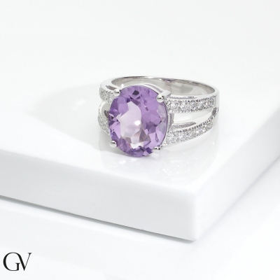 Weißgold Bandring mit Amethyst und Diamanten