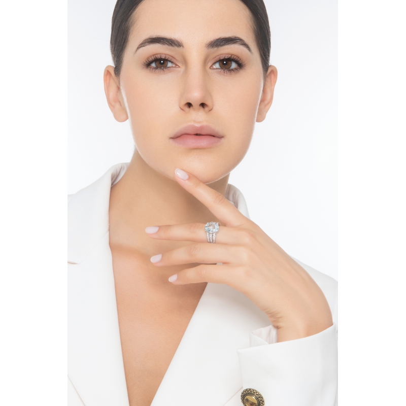 Weißgold Bandring mit Aquamarin und Diamanten