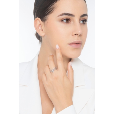 Bandring Weißgold V-Form mit drei Reihen Diamanten