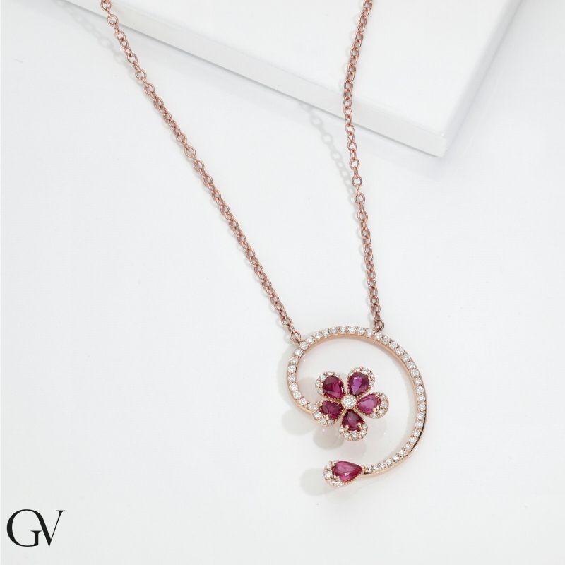 Kette aus Roségold 18K mit Blume aus Rubinen und Diamanten 