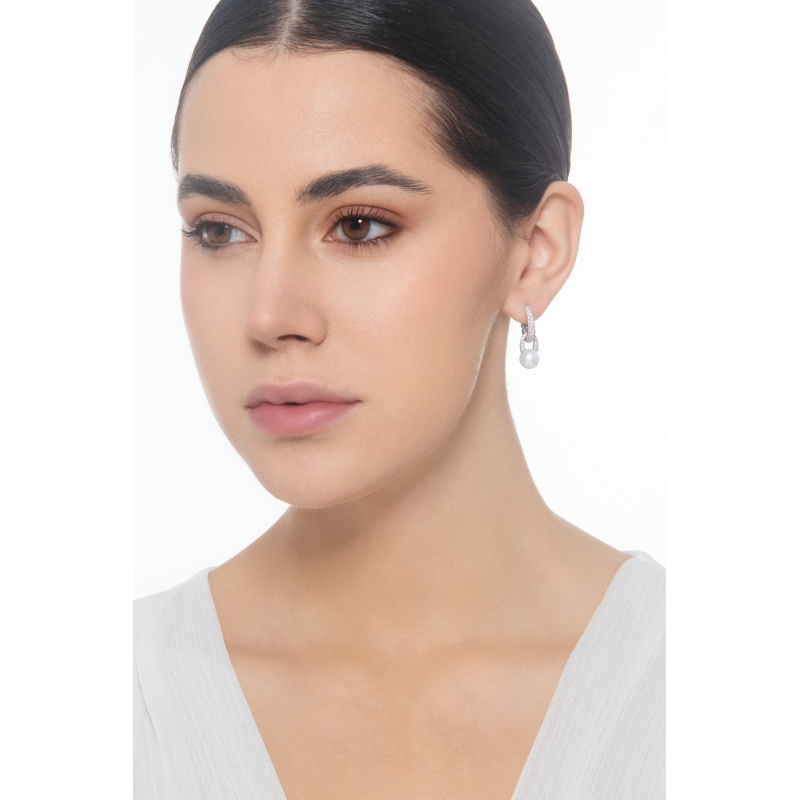 Ohrhänger mit Perlen und Diamanten Weißgold 18K