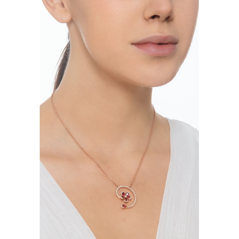 Kette aus Roségold 18K mit Blume aus Rubinen und Diamanten 