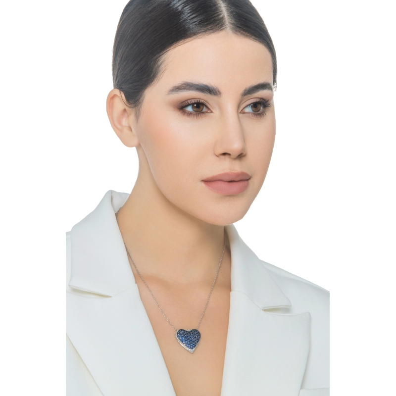 Herzkette Weißgold mit Pavé-Besatz von blauen Saphiren und Brillanten