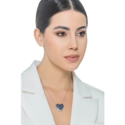 Herzkette Weißgold mit Pavé-Besatz von blauen Saphiren und Brillanten
