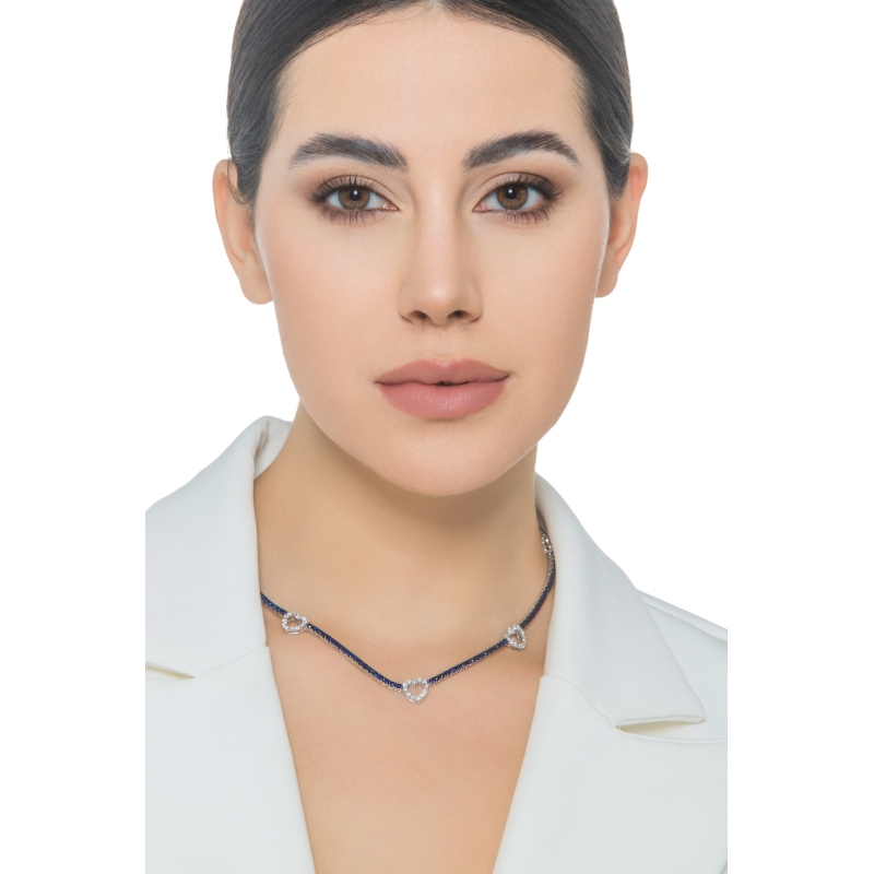 Tennis Halskette 18K Weißgold mit blauen Saphiren und Herzen aus Diamanten