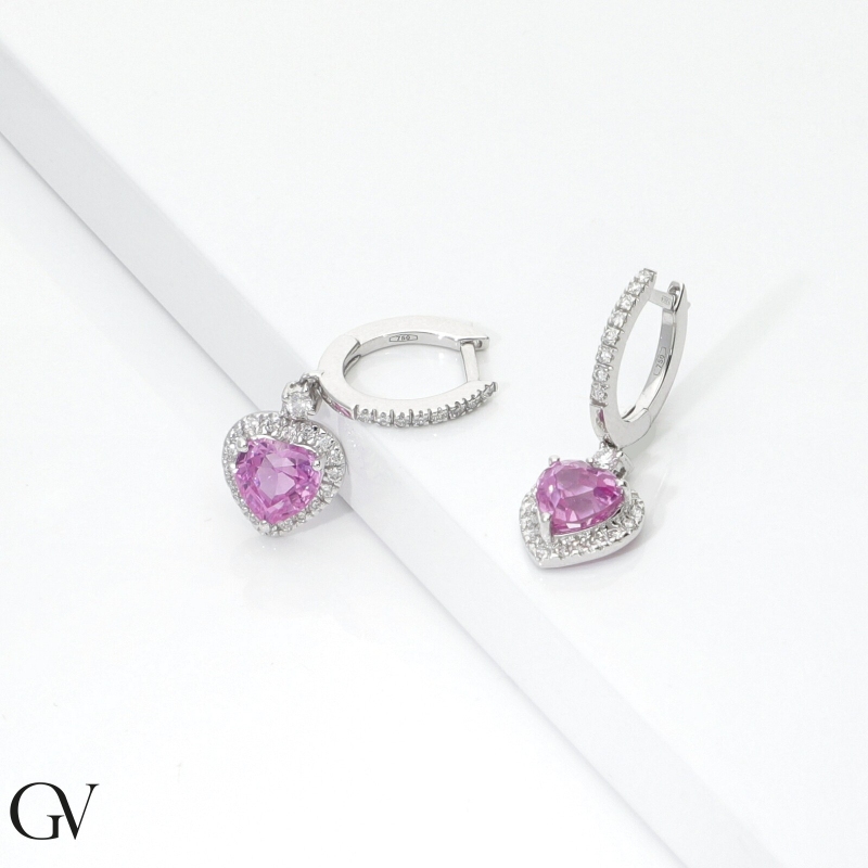 Ohrhänger Weißgold mit Herzen aus rosa Saphiren und Diamanten 