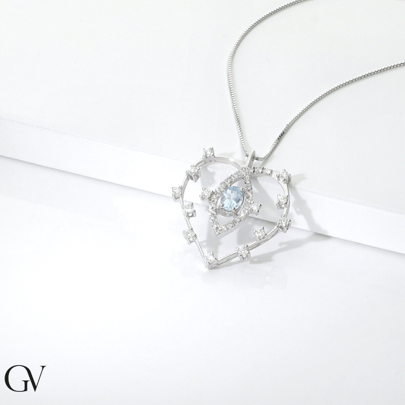 Herzkette 18K Weißgold mit Aquamarin-Anhänger und Diamanten