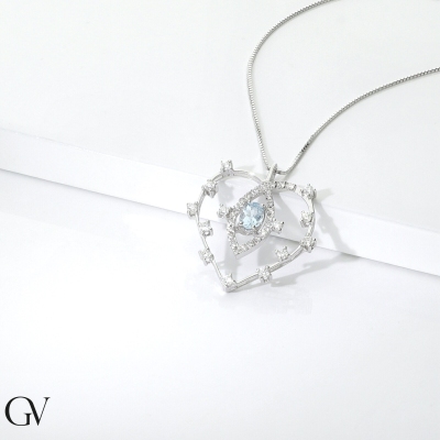 Herzkette 18K Weißgold mit Aquamarin-Anhänger und Diamanten