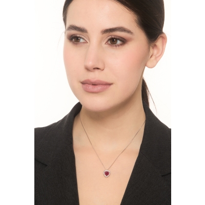 Herzkette mit Rubinen und Diamanten Weißgold