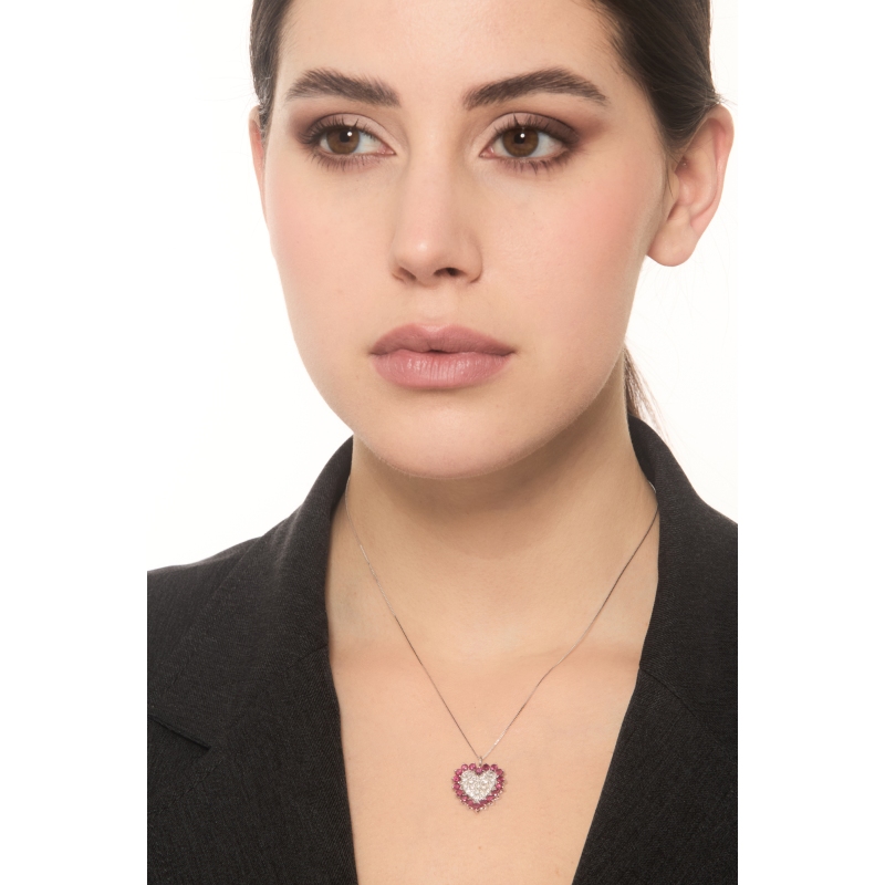 Weißgoldkette mit Herzanhänger aus Rubinen und Diamanten 
