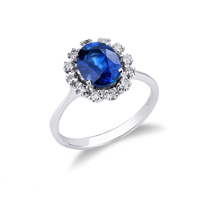Halo Ring mit blauen Saphir und Brillanten 