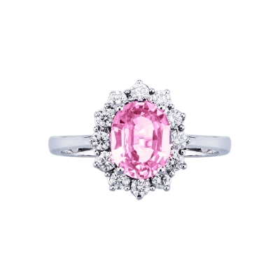 Halo Ring Weißgold mit Diamanten und rosa Saphir