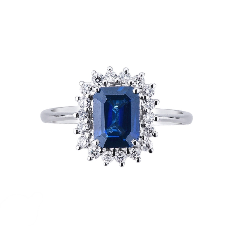 Halo Ring mit blauem Saphir und Diamanten Weißgold 18K