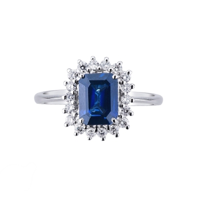 Halo Ring mit blauem Saphir und Diamanten Weißgold 18K
