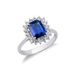 Halo Ring mit blauem Saphir und Diamanten Weißgold 18K