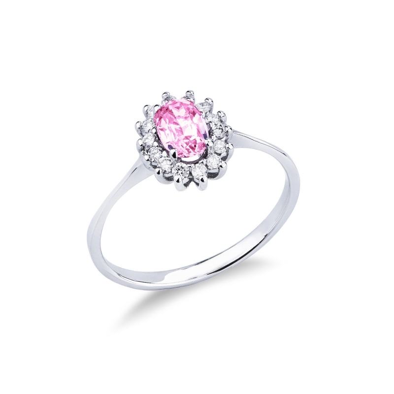 18k Weißgold Halo Ring mit rosa Saphir und Brillanten 