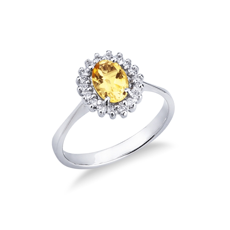 Halo Citrin Ring 750er Weißgold mit Diamanten