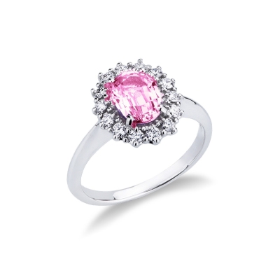Rosa Saphir Halo Ring mit Brillanten Weißgold 18K
