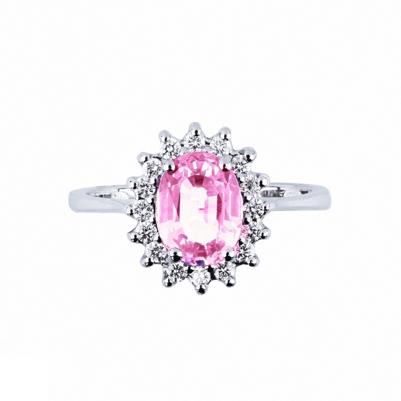 Halo Ring mit rosa Saphir und Diamanten aus Weißgold 18k 