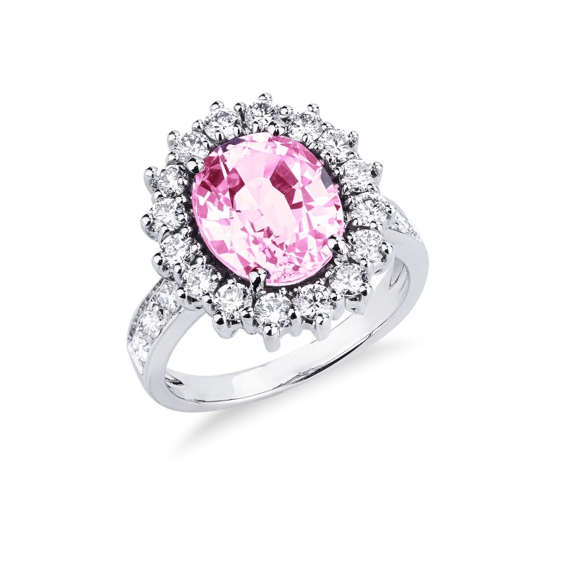 Halo Ring mit rosa Saphir und Diamanten
