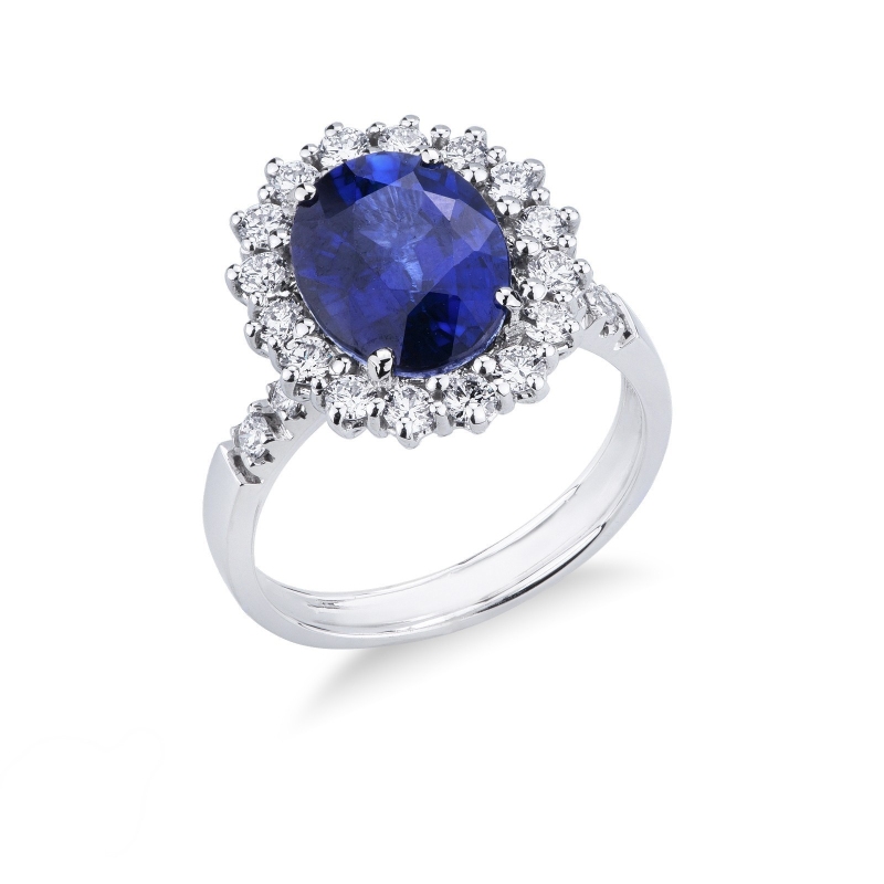 18K Weißgold Halo Ring mit einem blauen Saphir und Diamanten