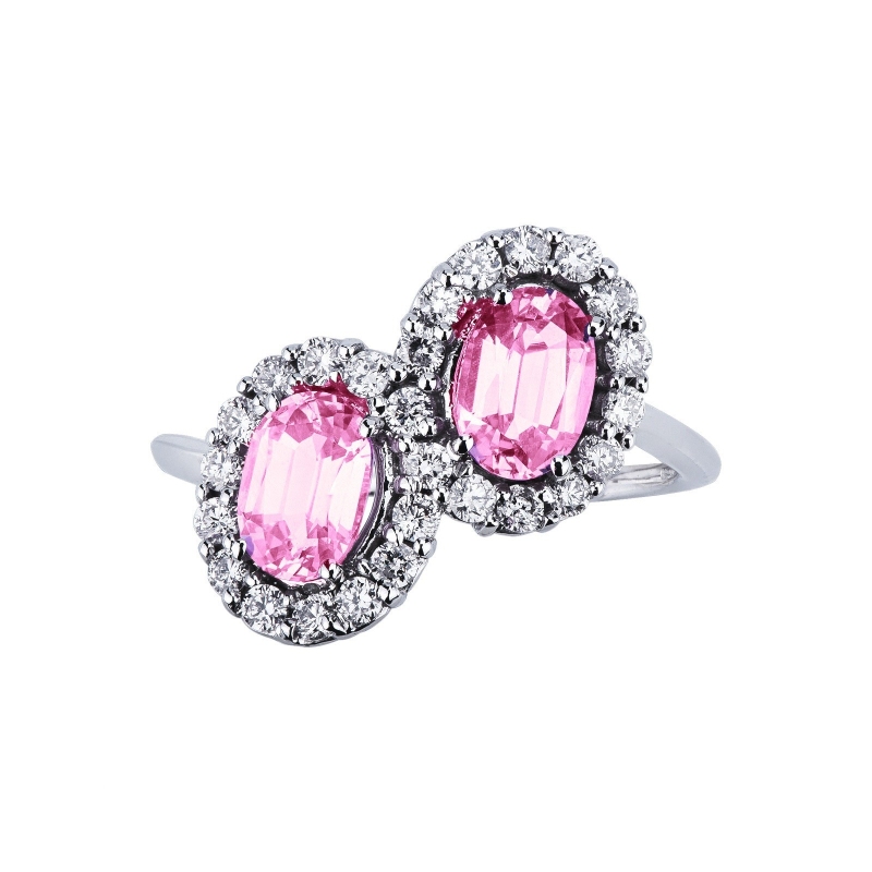 Weißgold Ring mit zwei rosa Saphiren und Diamanten