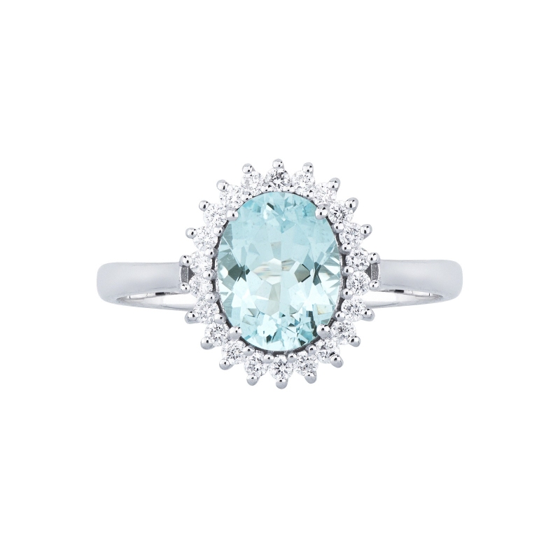 Halo Ring mit Aquamarin und Diamanten 18K Weißgold
