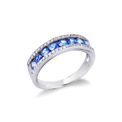 Weißgold 750 halb Memoire Ring mit blauen Saphiren und Diamanten 