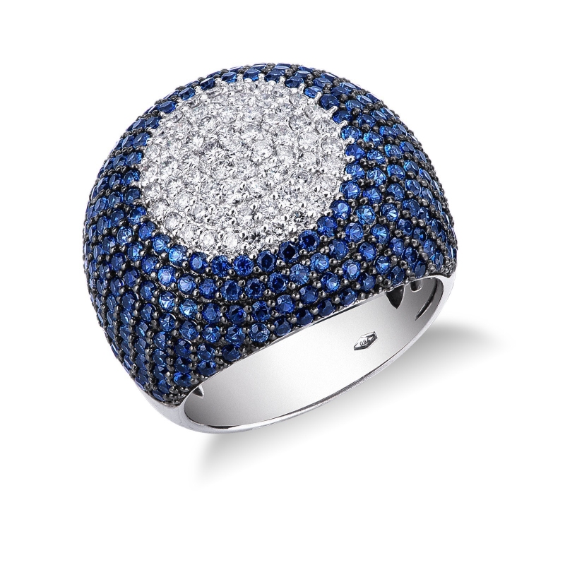 Pavé Ring Weißgold mit blauen Saphiren und Diamanten