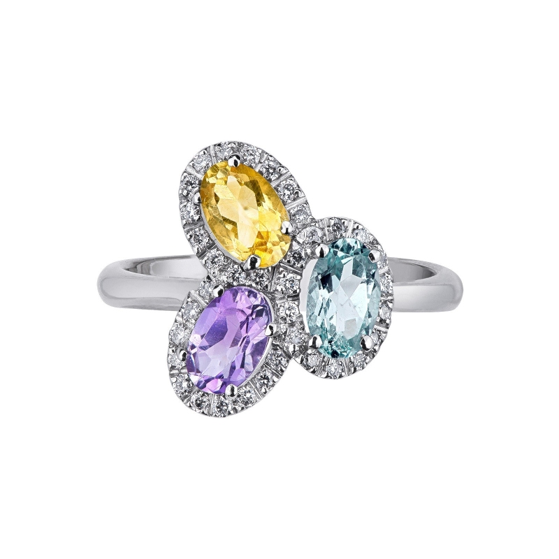 Weißgold Ring mit Aquamarin, Amethyst und Citrin 